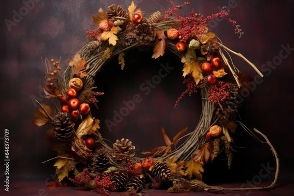 Fototapeta autumn wreath with berries, pinecones, and twigs