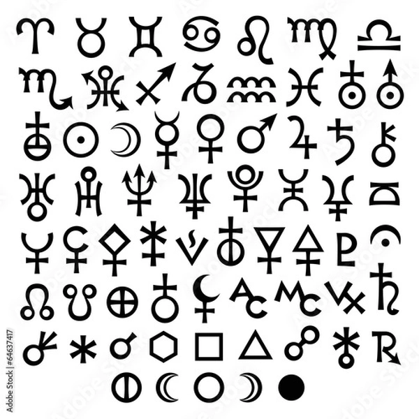 Fototapeta Astrologiczne znaki zodiaku, planet, asteroid, aspektów, faz księżyca itp. (Duży zestaw głównych symboli astrologicznych)