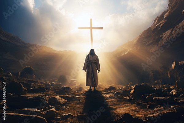 Fototapeta Jezus Chrystus stojący przy wejściu do grobowca. AI generatywny.