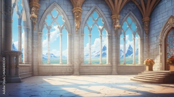 Obraz Bright Airy Room in Beautiful Fantasy Palace with Gothic Architecture or Elven Castle with View of Mountains