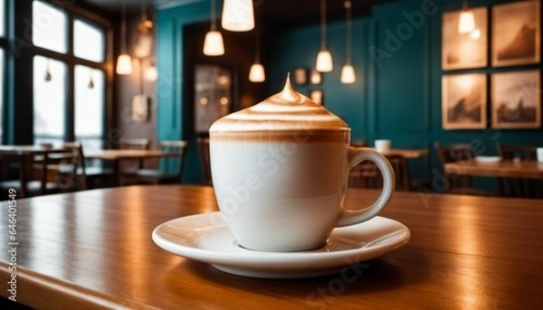 Obraz cup of hot coffee with cozy coffeehouse restaurant background, created using AI generative technology