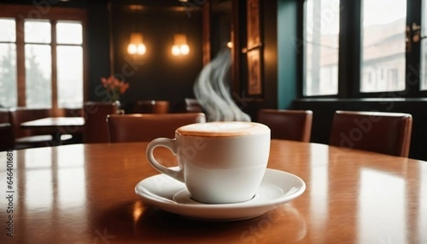 Fototapeta cup of hot coffee with cozy coffeehouse restaurant background, created using AI generative technology