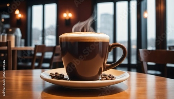Fototapeta cup of hot coffee with cozy coffeehouse restaurant background, created using AI generative technology