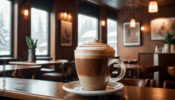 Fototapeta cup of hot coffee with cozy coffeehouse restaurant background, created using AI generative technology