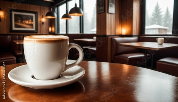 Obraz cup of hot coffee with cozy coffeehouse restaurant background, created using AI generative technology