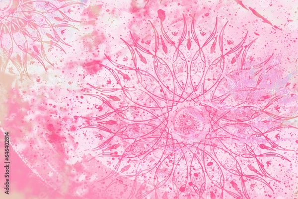 Fototapeta Pink mandala colorful dark eyes vintage art, ancient Indian vedic background design, old painting texture with multiple mathematical shapes