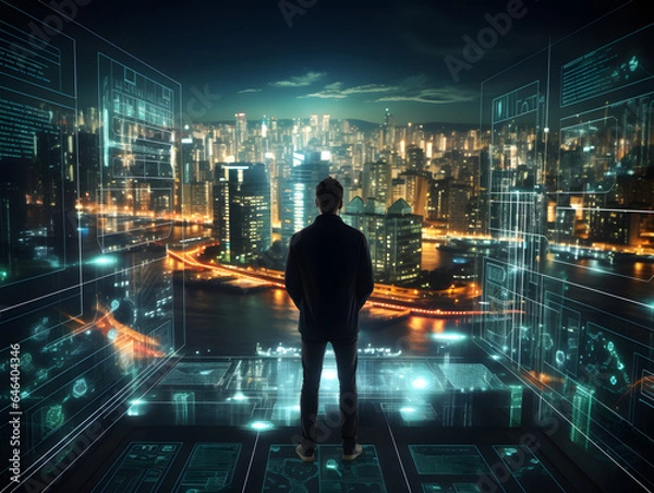 Fototapeta Business man thinking about a difficult and very important deciision he has to make in his office in the city at night, evening, business, businessman, think, boss, highpay job, leader, ceo