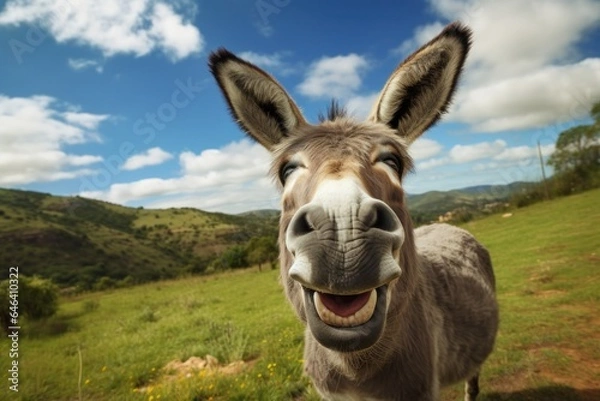 Fototapeta Donkey with a funny face on the background of blue sky