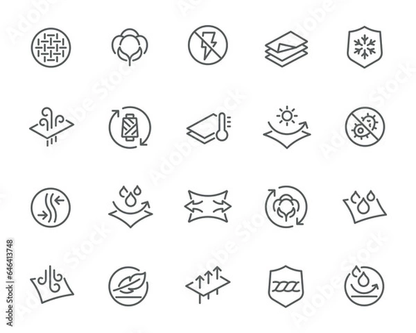 Fototapeta Textile Advantages and Technology Icons. Collection showcasing material properties like water repellency, lightweight, recyclability, and antibacterial features. Perfect for web design.