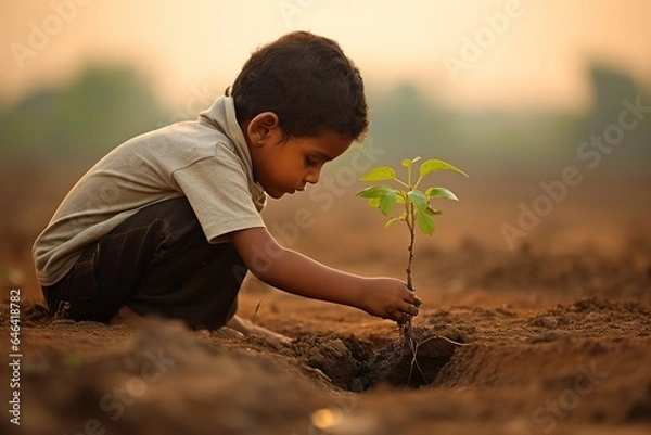 Obraz Indian child planting a sapling