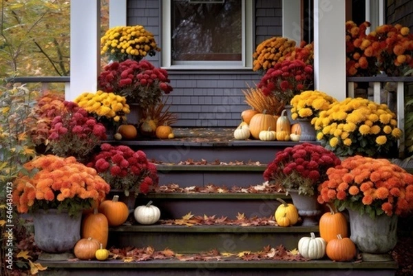 Obraz porch steps lined with mums in a variety of autumn colors