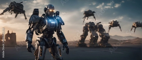Fototapeta 3D rendering of a robot on a spaceship in the desert. Exoskeleton and AI Concept 