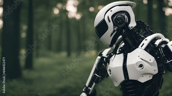 Fototapeta Cyborg robot in the forest. Concept of future technology and artificial intelligence.