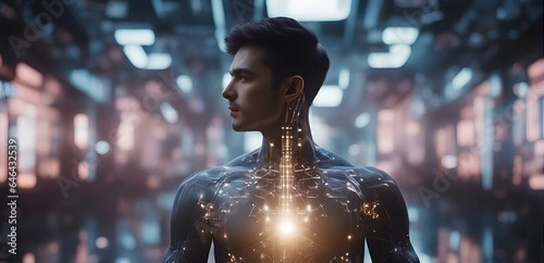 Fototapeta Handsome man with muscular body and glowing head. Exoskeleton and AI Concept 