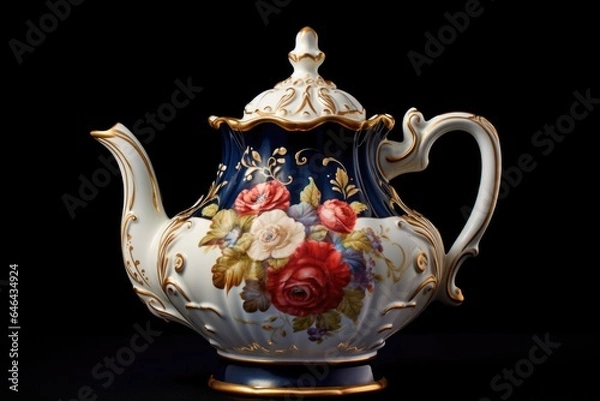 Fototapeta a high-angle view of a vintage porcelain teapot with floral design