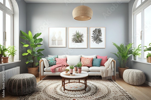 Obraz Boho cozy living room design, bright wall mockup, 3d render, 3d illustration