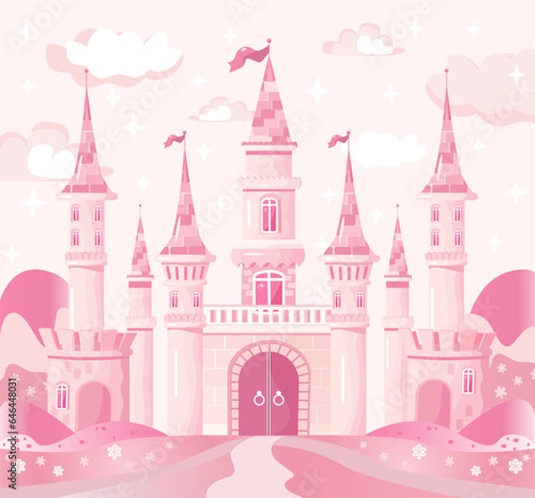 Obraz Vector fairytale castle in pink gradient, background with clouds, several towers with flags, large gates and fields with flowers