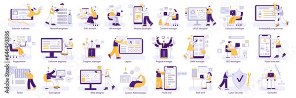 Fototapeta IT professions. Programmers and designers, engineers and managers, front and back end developers. Different digital jobs corporate vector illustration set