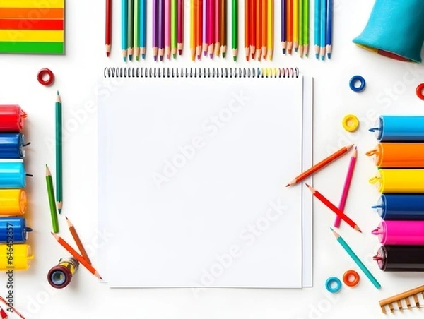 Fototapeta School stationery set with color pencil, marker and notebook on white background. Flat lay top view