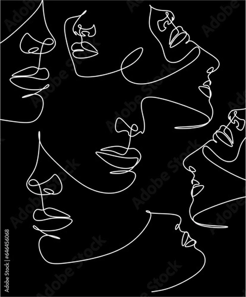 Fototapeta Continuous line, drawing of faces, fashion minimalist concept, vector illustration. Modern fashionable pattern. Glamour one line drawing women faces seamless pattern.
