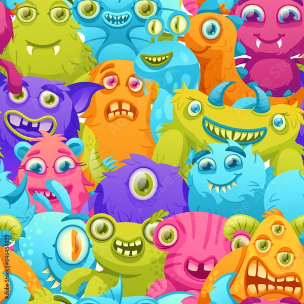 Fototapeta Cartoon monsters pattern. Funny crowd of colorful aliens, monster creatures seamless vector background illustration