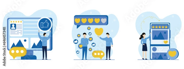 Fototapeta Feedback in social networks illustration set.Characters give 5-star feedback, like, comment and analyze reviews on their social networks. Social media feedback concept. Vector illustration.