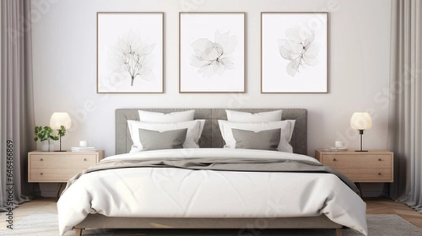 Fototapeta interior design, bedroom with white bed, frames mockup