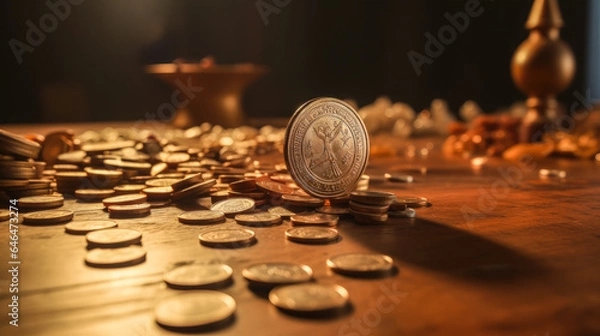 Obraz Wealth and Stability Concept with Gold Coins and Balance Coin AI Generated