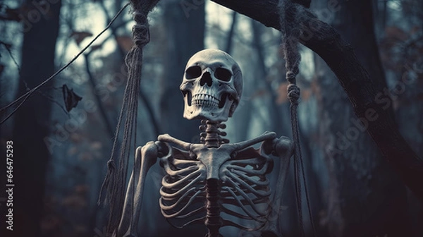 Fototapeta Halloween card with skeleton on a swing. Relaxing skeleton for party invitation on autumn holidays.