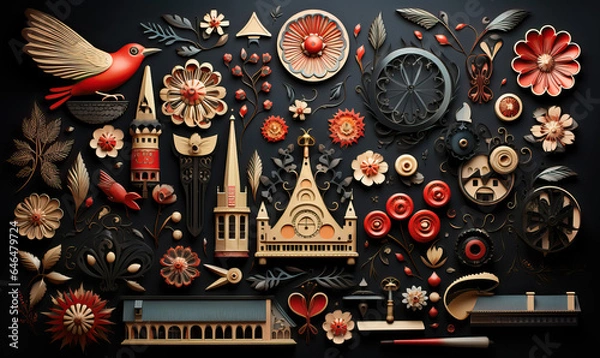 Fototapeta Abstract dark background with various symbols in color.