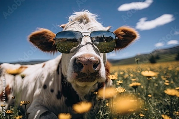 Fototapeta cow with oversized sunglasses lying in a field of wild flowers in the mountains - funny animal picture - fashion conscious farm animal - generative ai