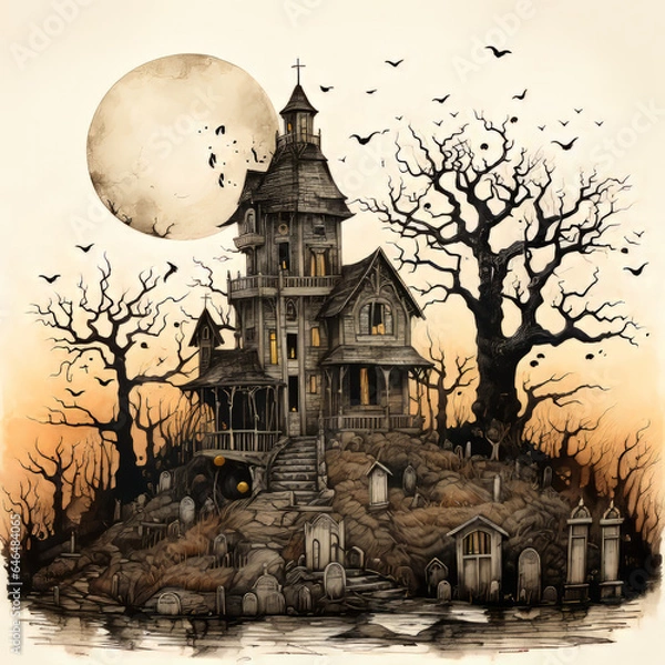 Obraz haunted house on a hill overloking graveyard