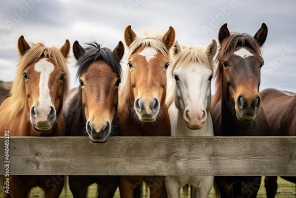 Fototapeta lineup of horses - horses putting their heads together - equestrian group - horses on a field behind a fence - generative ai