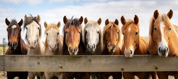 Fototapeta lineup of horses - horses putting their heads together - equestrian group - horses on a field behind a fence - generative ai