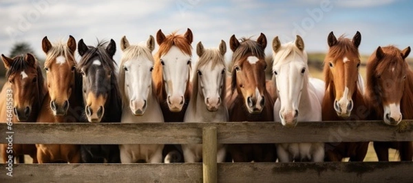 Fototapeta lineup of horses - horses putting their heads together - equestrian group - horses on a field behind a fence - generative ai