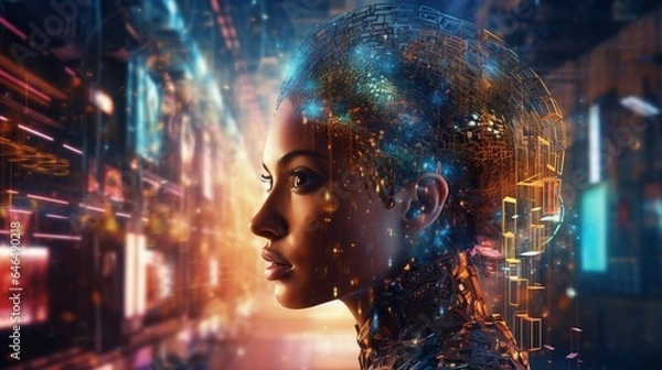 Fototapeta Artificial intelligence, dotted particle array-based abstract art, and a vector-based digital visual interface. The soul of the digital age is technology