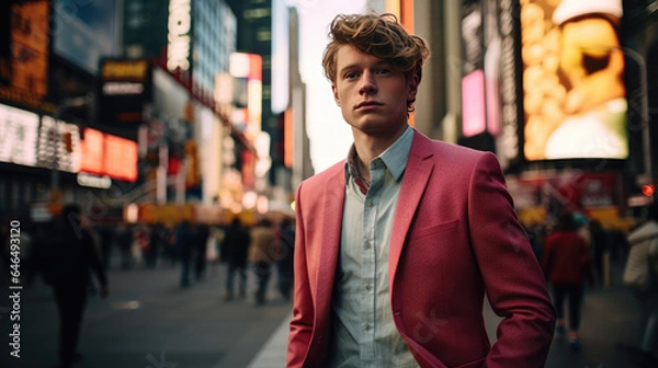 Obraz Young male model in dinner jacket, stylishly posed in Times Square, New York; epitome of urban fashion.