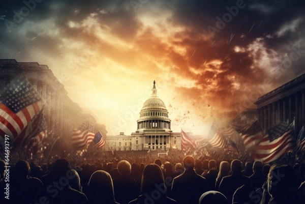 Fototapeta  Illustration of Crowd Rioting with Flags in Front of United States Congress Building, Politics, Election, Generative AI