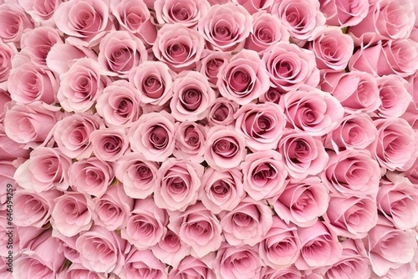 Fototapeta 優雅なピンクのバラが織りなす鮮やかなパターン：完全に開花したバラの花びらと緑色の葉が織り成す自然の美しさを捉えたトップダウンパースペクティブの写真