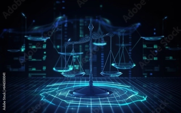 Obraz Law scales on background of data center. AI, Generative AI