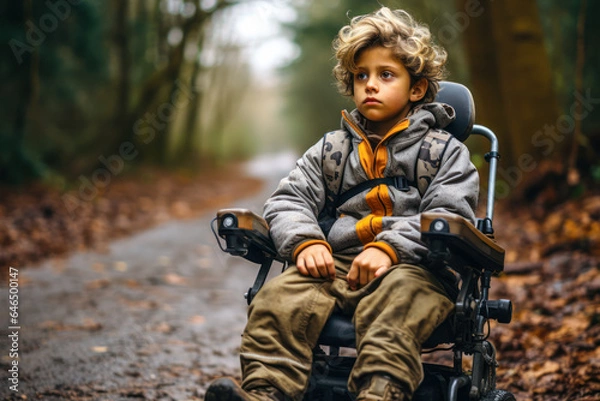 Fototapeta child in a wheelchair for a walk generative ai