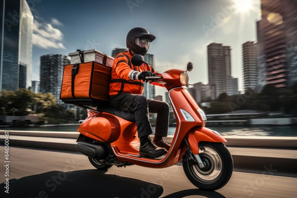 Fototapeta food delivery on a motorcycle scooter. generative ai