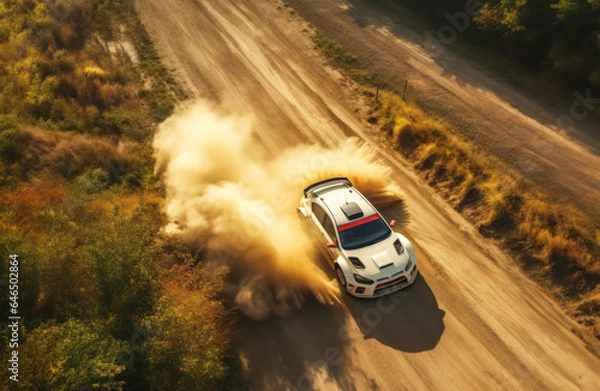Fototapeta Aerial shot of rally racing car riding on dirt track on a sunny day.