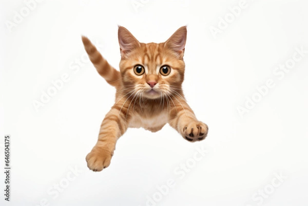 Obraz Young ginger tabby cat jumping towards the camera