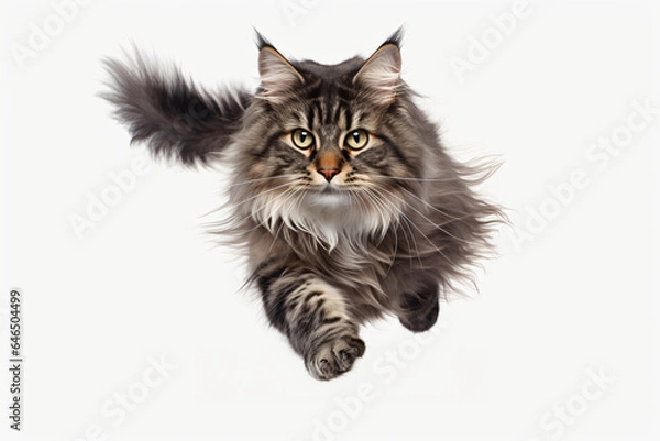 Fototapeta Intense Norwegian Forest cat jumping towards the camera 