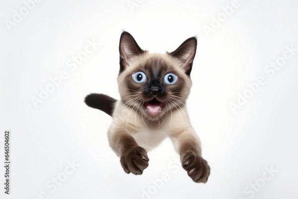 Obraz Cute siamese cat jumping towards the camera with a delighted look