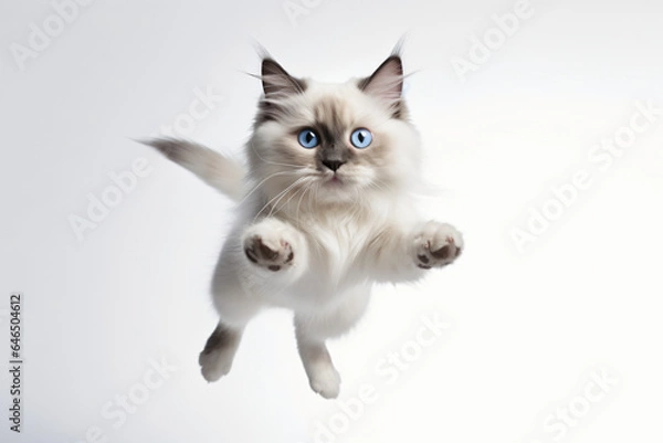 Obraz Stunning Ragdoll cat jumping towards the camera 