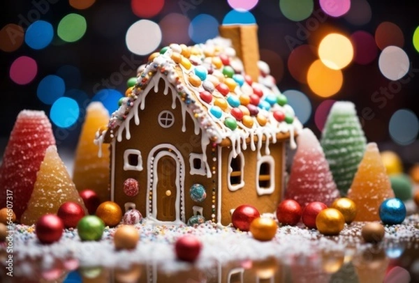 Fototapeta Photo of a festive gingerbread house on a table created with Generative AI technology