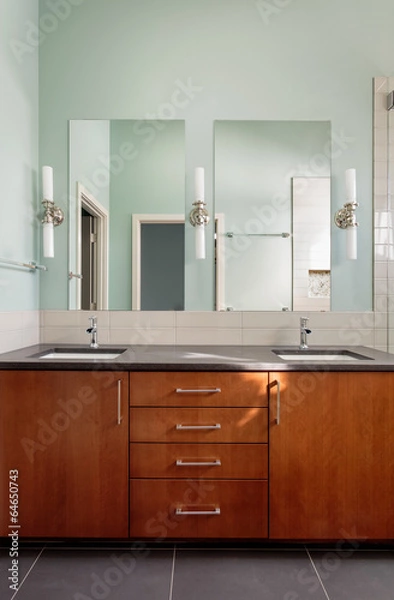 Fototapeta Vanity double sink and mirrors in modern bathroom