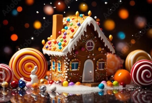 Fototapeta Photo of a colorful gingerbread house surrounded by a sweet and sugary landscape created with Generative AI technology